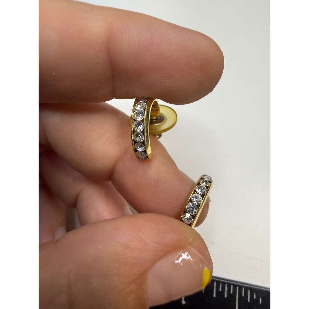 Gold Tone Small Rhinestone Channel Set Hoop Earrings C-Shape Post Back